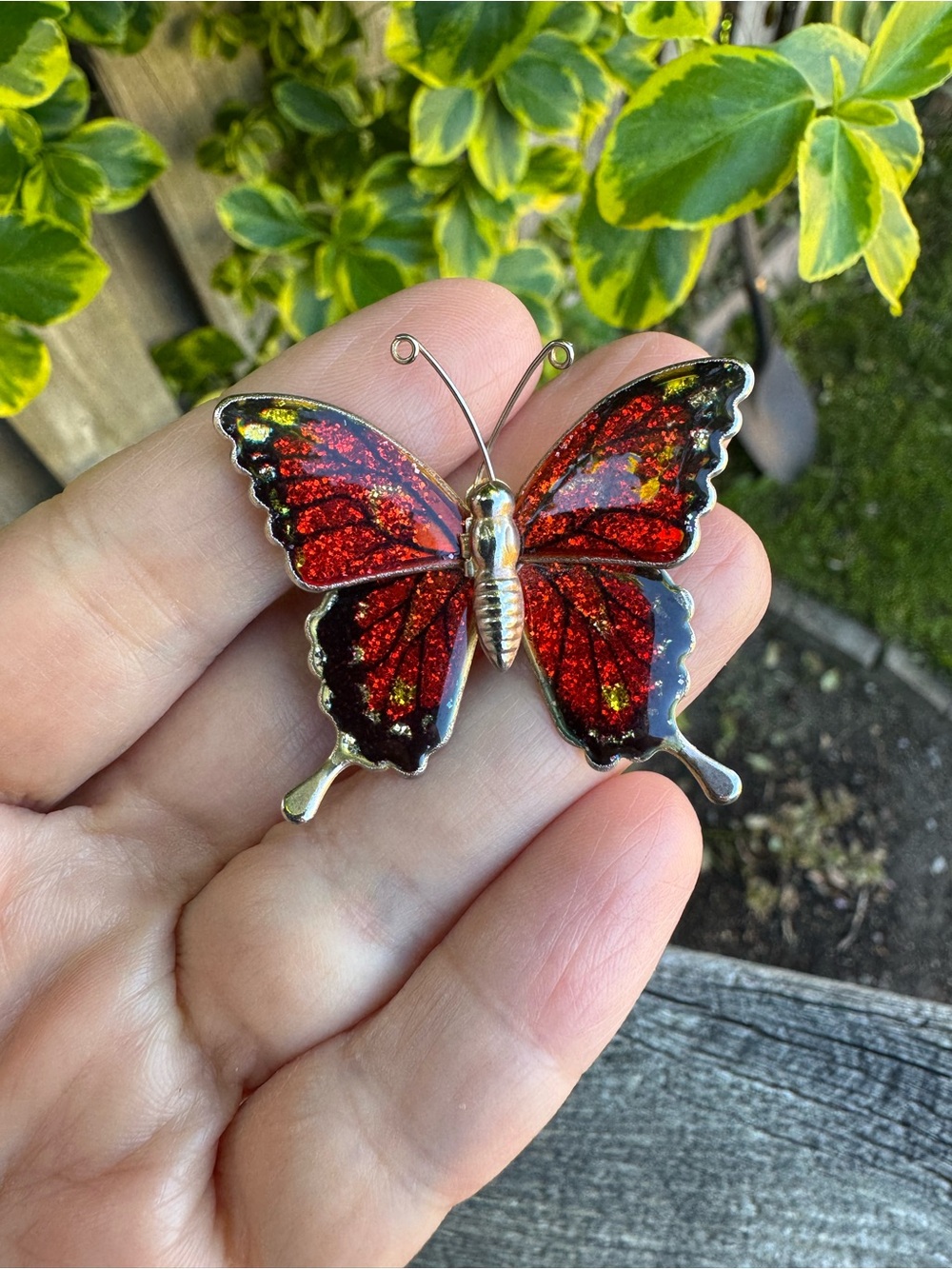 Vintage Red Glitter Metal Butterfly Brooch Pin